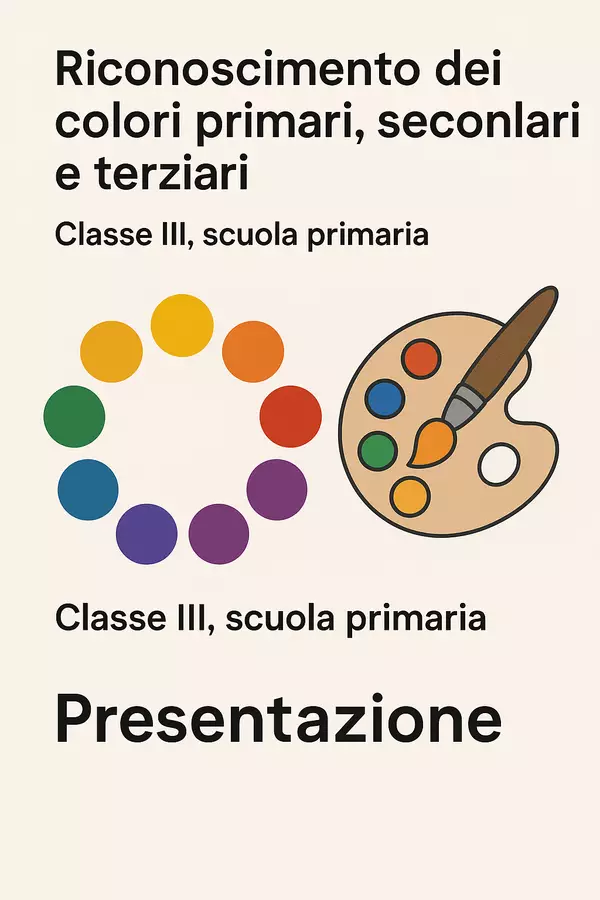 Riconoscimento dei colori primari, secondari e terziari Presentazioni / Lavagne - Riconoscimento dei colori primari, secondari e terziari - Scuola a Colori - Pagina di copertina