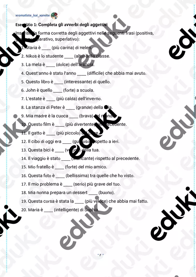 Gradi degli aggettivi (20 esercizi) – Quarta elementare – Pacchetto 1 Esercizi - Gradi degli aggettivi (20 esercizi) – Quarta elementare – Pacchetto 1 - Colorate e divertitevi - Pagina di copertina