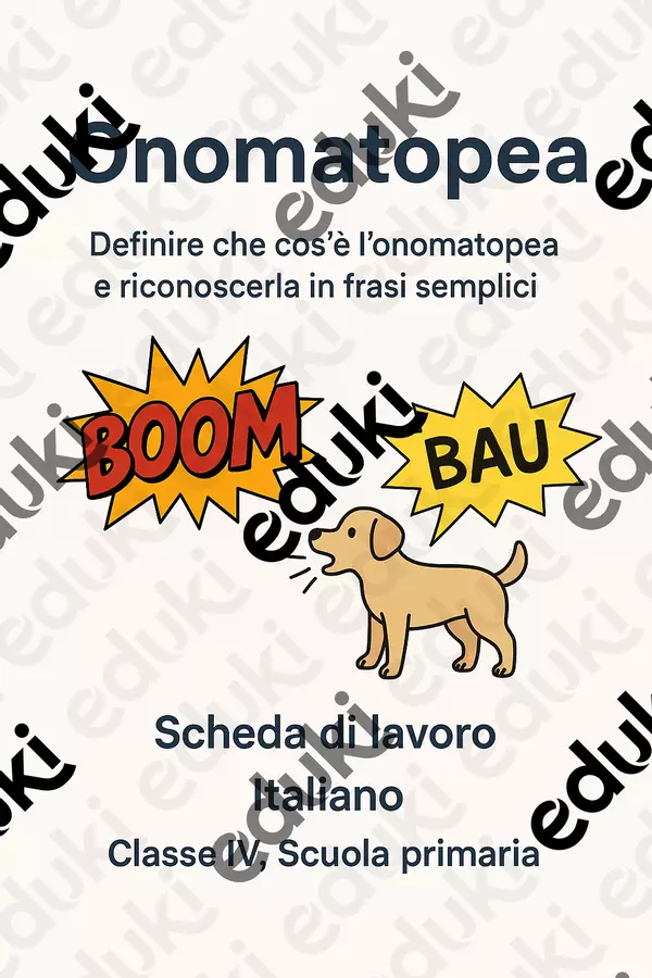 Definire che cos’è l’onomatopea e riconoscerla in frasi semplici Schede informative - Definire che cos’è l’onomatopea e riconoscerla in frasi semplici - Maestra di Italiano - Pagina di copertina
