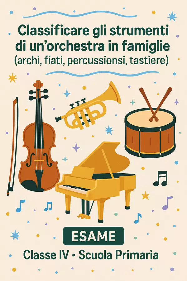 Esame: Classificare gli strumenti di un’orchestra in famiglie (archi, fiati, percussioni, tastiere) Compiti in classe/Test - Esame: Classificare gli strumenti di un’orchestra in famiglie (archi, fiati, percussioni, tastiere) - Maestra di Italiano - Pagina di copertina