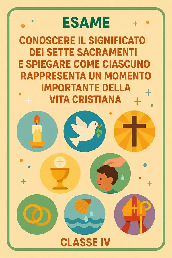 Esame: Conoscere il significato dei sette sacramenti e spiegare come ciascuno rappresenta un momento importante della vita cristiana Compiti in classe/Test - Esame: Conoscere il significato dei sette sacramenti e spiegare come ciascuno rappresenta un momento importante della vita cristiana - Maestra di Italiano - Pagina di copertina