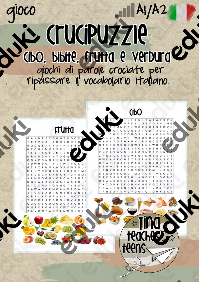 Crucipuzzle cibo e bevande | italiano per stranieri Giochi - Crucipuzzle cibo e bevande | italiano per stranieri - Tina Teaches Teens - Pagina di copertina