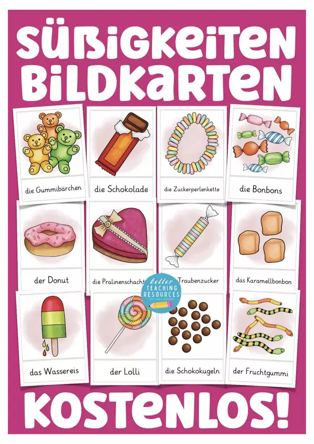 Tedesco carte illustrate “dolce e salato” per insegnare il Deutsch gratis Flashcard - Tedesco carte illustrate “dolce e salato” per insegnare il Deutsch gratis - Better Teaching Resources - Pagina di copertina