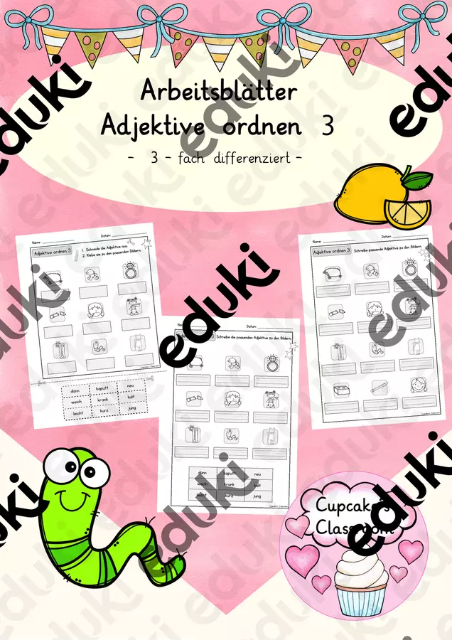 Arbeitsblätter: Adjektive ordnen 3, 3-fach differenziert, DaZ (Esercizi per ordinare gli aggettivi 3, con 3 livelli di differenziazione) Esercizi - Arbeitsblätter: Adjektive ordnen 3, 3-fach differenziert, DaZ (Esercizi per ordinare gli aggettivi 3, con 3 livelli di differenziazione) - Cupcake's Classroom - Pagina di copertina