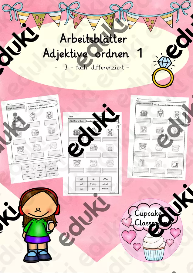 Arbeitsblätter: Adjektive ordnen 1, 3-fach differenziert, DaZ (Esercizi per ordinare gli aggettivi 1, con 3 livelli di differenziazione) Esercizi - Arbeitsblätter: Adjektive ordnen 1, 3-fach differenziert, DaZ (Esercizi per ordinare gli aggettivi 1, con 3 livelli di differenziazione) - Cupcake's Classroom - Pagina di copertina