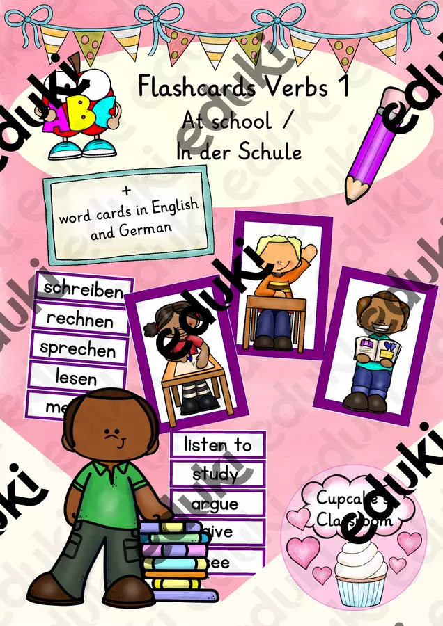 Englisch/Deutsch/DaZ - verbs at school - Verben in der Schule - Bildkarten/Flashcards Flashcard - Englisch/Deutsch/DaZ - verbs at school - Verben in der Schule - Bildkarten/Flashcards - Cupcake's Classroom - Pagina di copertina