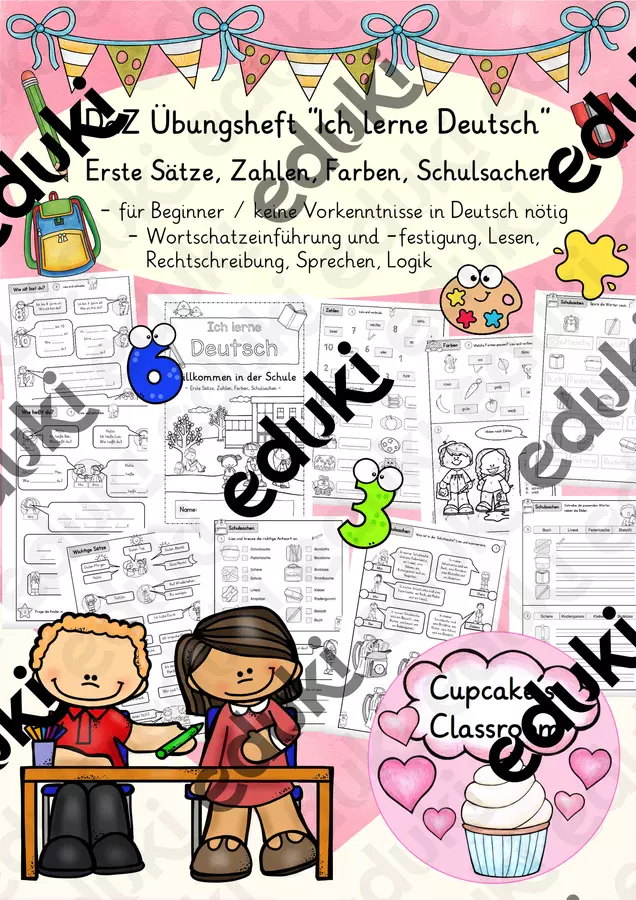 DaZ - Übungsheft "Ich lerne Deutsch 1" - erste Sätze, Zahlen, Farben, Schulsachen (Quaderno di esercizi: “Imparo il tedesco 1 – Benvenuti a scuola”) Esercizi - DaZ - Übungsheft "Ich lerne Deutsch 1" - erste Sätze, Zahlen, Farben, Schulsachen (Quaderno di esercizi: “Imparo il tedesco 1 – Benvenuti a scuola”) - Cupcake's Classroom - Pagina di copertina