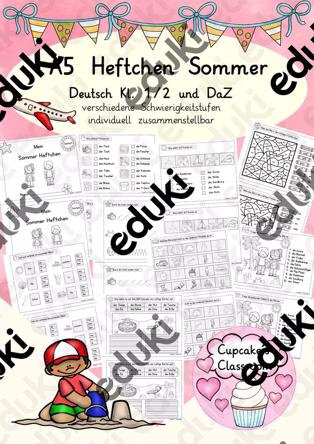 Deutsch/DaZ - Sommer - A5 Heftchen Lesen und Schreiben, Sprachförderung, Kl. 1/2 (Estate: Quaderno A5 Lettura e Scrittura) Esercizi - Deutsch/DaZ - Sommer - A5 Heftchen Lesen und Schreiben, Sprachförderung, Kl. 1/2 (Estate: Quaderno A5 Lettura e Scrittura) - Cupcake's Classroom - Pagina di copertina