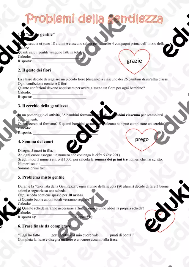 Problemi di matematica classe quarta sulla gentilezza Esercizi - Problemi di matematica classe quarta sulla gentilezza - Maestra_Marì - Pagina di copertina