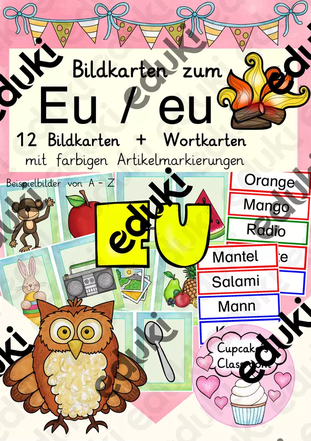 Buchstabe Lautverbindung "Eu" Einführung Bildkarten, Wortkarten, Alphabetisierung, DaZ, Deutsch (Combinazione di suoni "Eu" – Carte illustrate) Flashcard - Buchstabe Lautverbindung "Eu" Einführung Bildkarten, Wortkarten, Alphabetisierung, DaZ, Deutsch (Combinazione di suoni "Eu" – Carte illustrate) - Cupcake's Classroom - Pagina di copertina
