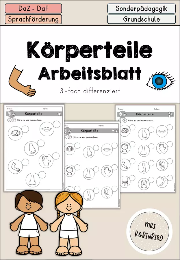 Körperteile - Körper Arbeitsblatt Hörverstehen - DaZ DaF (Esercizi di comprensione orale sulle parti del corpo) Esercizi - Körperteile - Körper Arbeitsblatt Hörverstehen - DaZ DaF (Esercizi di comprensione orale sulle parti del corpo) - Mrs.Robinbird - Pagina di copertina