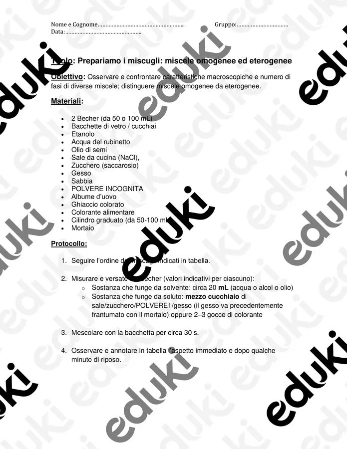 Esperienza di lab sui miscugli: Omogeni ed Eterogenei Esperimenti - Esperienza di lab sui miscugli: Omogeni ed Eterogenei - Scienzalcubo - Pagina di copertina