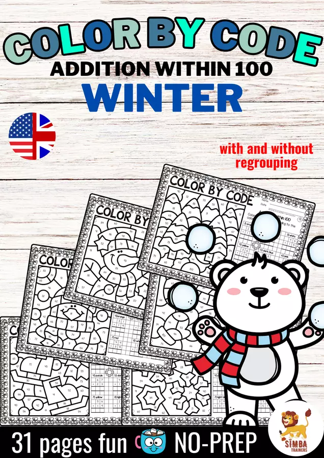 Color by code - Addition to 100 (Winter) Inverno Aggiunta Matematica Inglese Esercizi - Color by code - Addition to 100 (Winter) Inverno Aggiunta Matematica Inglese - SIMBA Trainers Education - Pagina di copertina