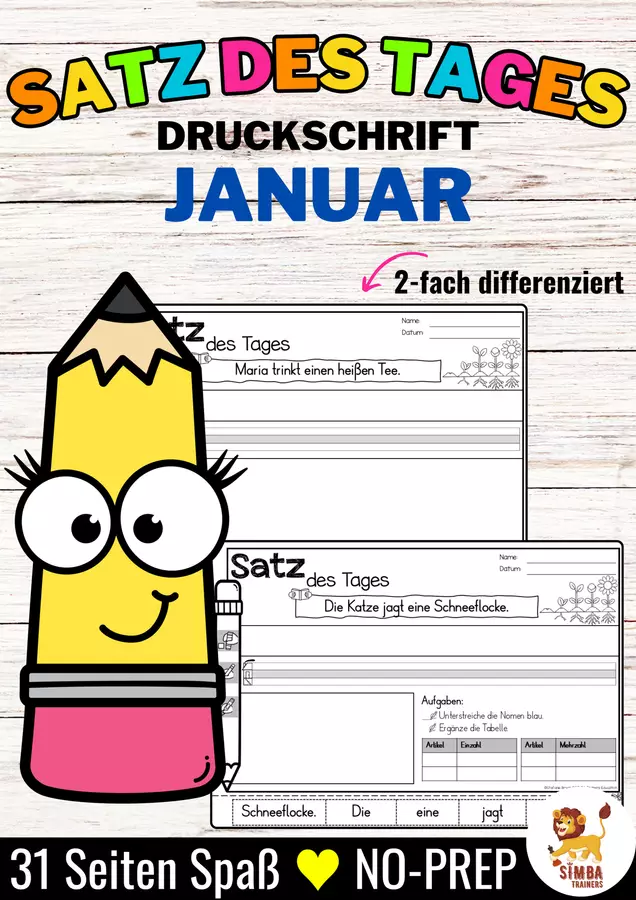 Satz des Tages / Schüttelsätze (Druckschrift) schreiben Januar Tedesco Esercizi - Satz des Tages / Schüttelsätze (Druckschrift) schreiben Januar Tedesco - SIMBA Trainers Education - Pagina di copertina