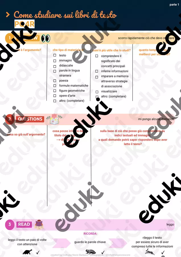 come studiare un testo (METODO PQ4R), schema da compilare Materiale di supporto/inclusione - come studiare un testo (METODO PQ4R), schema da compilare - Pedagogista Barbara Nozzi, Informatipercrescere - Pagina di copertina