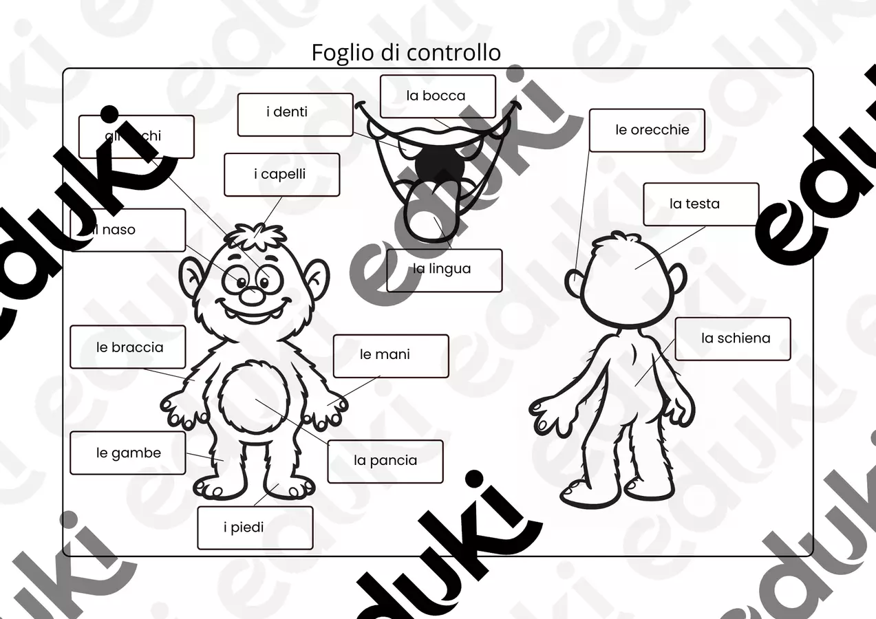 Le parti del corpo del mostro: scrivi Esercizi - Le parti del corpo del mostro: scrivi - Maestra Valentina AA - Pagina di copertina