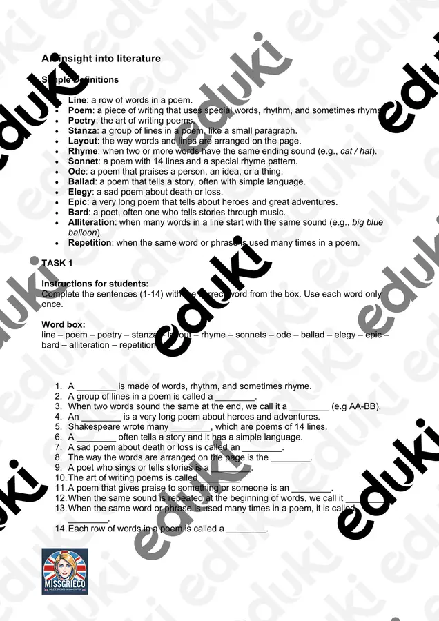 WORDS OF LITERATURE Esercizi - WORDS OF LITERATURE - missgriecoenglishteacher - Pagina di copertina