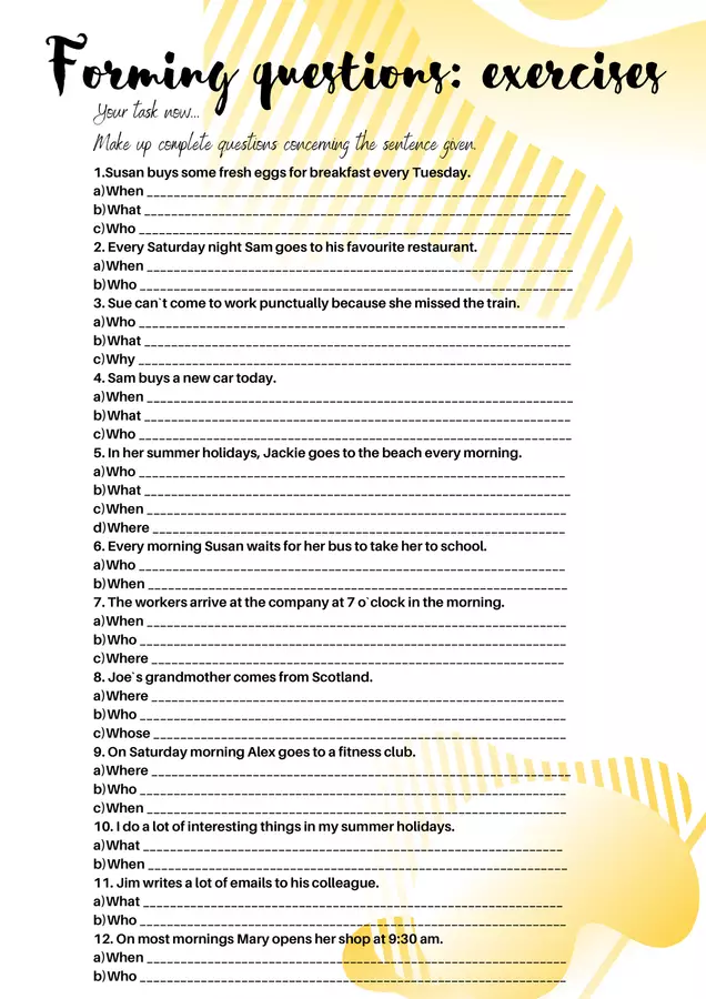 Forming questions, grammar, exercises ("Formulazione di domande, grammatica ed esercizi) Esercizi - Forming questions, grammar, exercises ("Formulazione di domande, grammatica ed esercizi) - Mrs. Team English - Pagina di copertina
