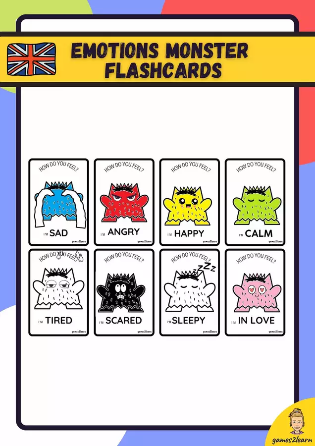 emotions monster Flashcard Flashcard - emotions monster Flashcard - games2learn - Pagina di copertina