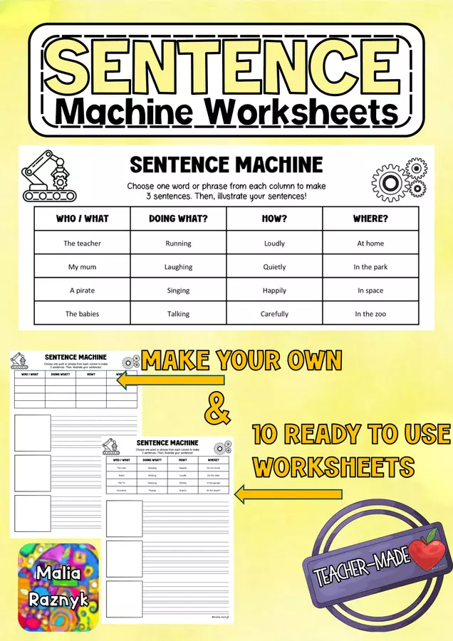 Sentence Machine Fun ESL Sentence Building Game (Subjects, Verbs, Adverbs & Places) Esercizi - Sentence Machine Fun ESL Sentence Building Game (Subjects, Verbs, Adverbs & Places) - Malia Raznyk - Pagina di copertina