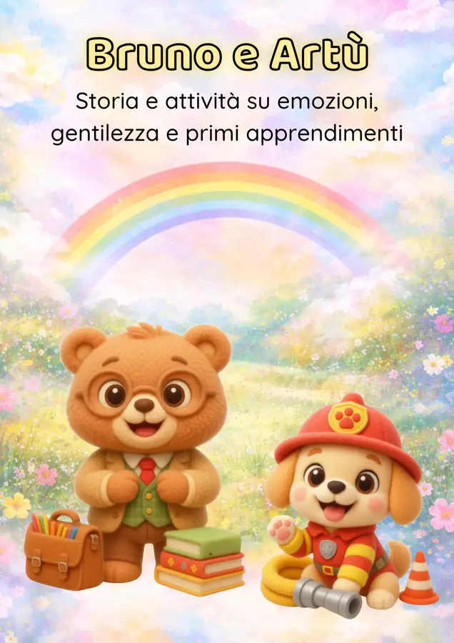 Nel piccolo paese del bosco vivevano due amici speciali Bruno, un cane pompiere dal casco rosso, e Artù, un orso maestro con gli occhiali tondi e un grande libro tra le zampe Esercizi - Nel piccolo paese del bosco vivevano due amici speciali Bruno, un cane pompiere dal casco rosso, e Artù, un orso maestro con gli occhiali tondi e un grande libro tra le zampe - Maestra Milly - Pagina di copertina