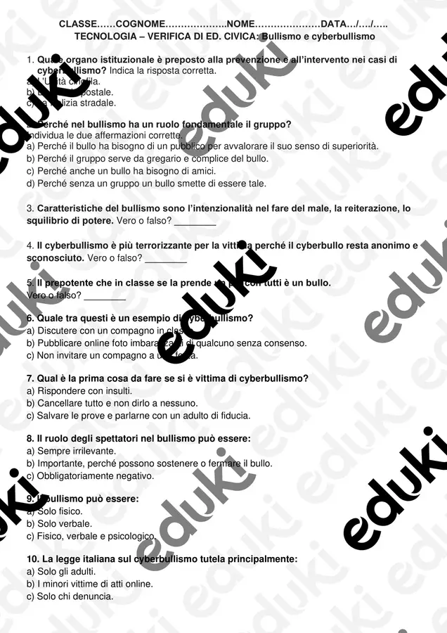 terzo anno TECNOLOGIA – VERIFICA ED CIVICA - Bullismo e cyberbullismo Materiale di supporto/inclusione - terzo anno TECNOLOGIA – VERIFICA ED CIVICA - Bullismo e cyberbullismo - Fare Sostegno - Pagina di copertina