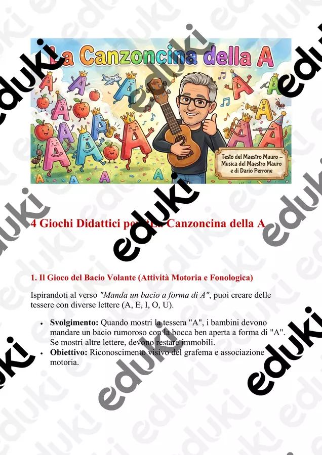 4 Giochi Didattici per la Canzoncina della A Flashcard - 4 Giochi Didattici per la Canzoncina della A - Maestro Mauro - Pagina di copertina