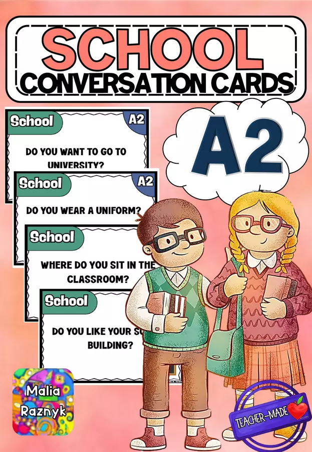 Conversation Cards School Theme (A2 Level) | 50 Cards Materiale interattivo - Conversation Cards School Theme (A2 Level) | 50 Cards - Malia Raznyk - Pagina di copertina