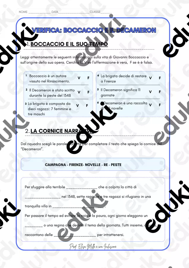 Verifica sul Boccaccio Altro tipo di materiale - Verifica sul Boccaccio - Mille e una Inclusione - Pagina di copertina