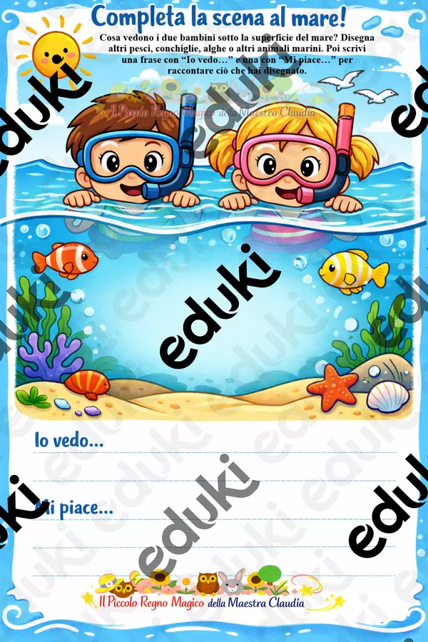 COMPLETA LA SCENA AL MARE! – Attività di disegno e scrittura (colori + bianco e nero) Esercizi - COMPLETA LA SCENA AL MARE! – Attività di disegno e scrittura (colori + bianco e nero) - Il Piccolo Regno Magico della Maestra Claudia - Pagina di copertina