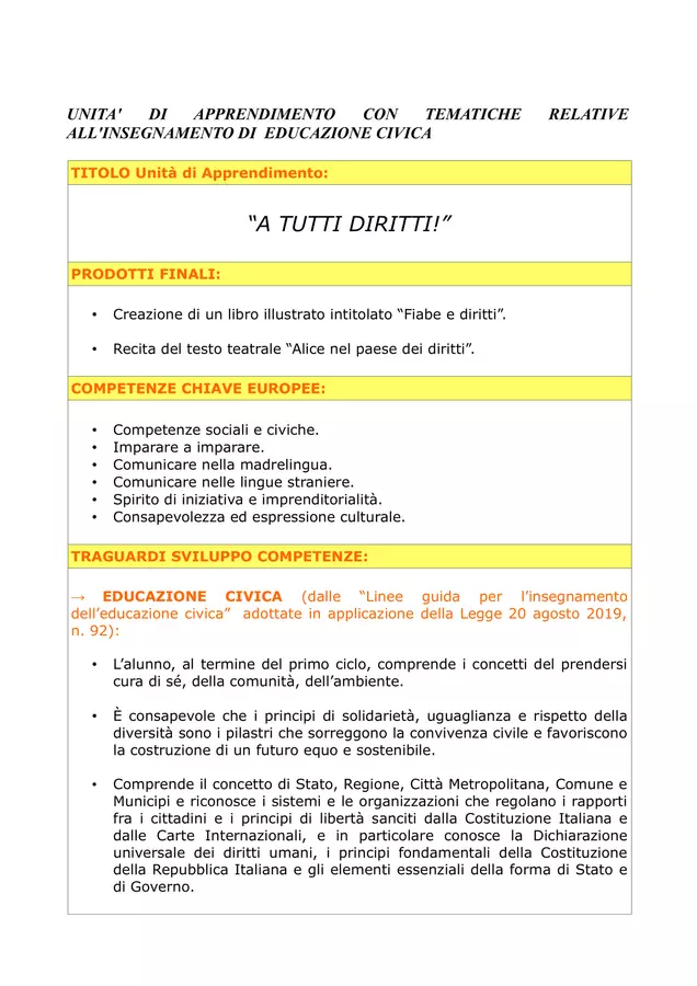 UDA A tutti diritti! (ed. civica) UdA - UDA A tutti diritti! (ed. civica) - Maestra Lorena - Pagina di copertina