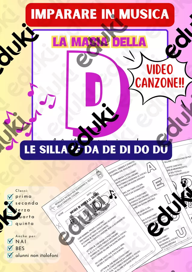LETTERA D – SILLABE DA DE DI DO DU – TESTO E CANZONE Materiale di supporto/inclusione - LETTERA D – SILLABE DA DE DI DO DU – TESTO E CANZONE - chefacileimpararegiocando - Pagina di copertina