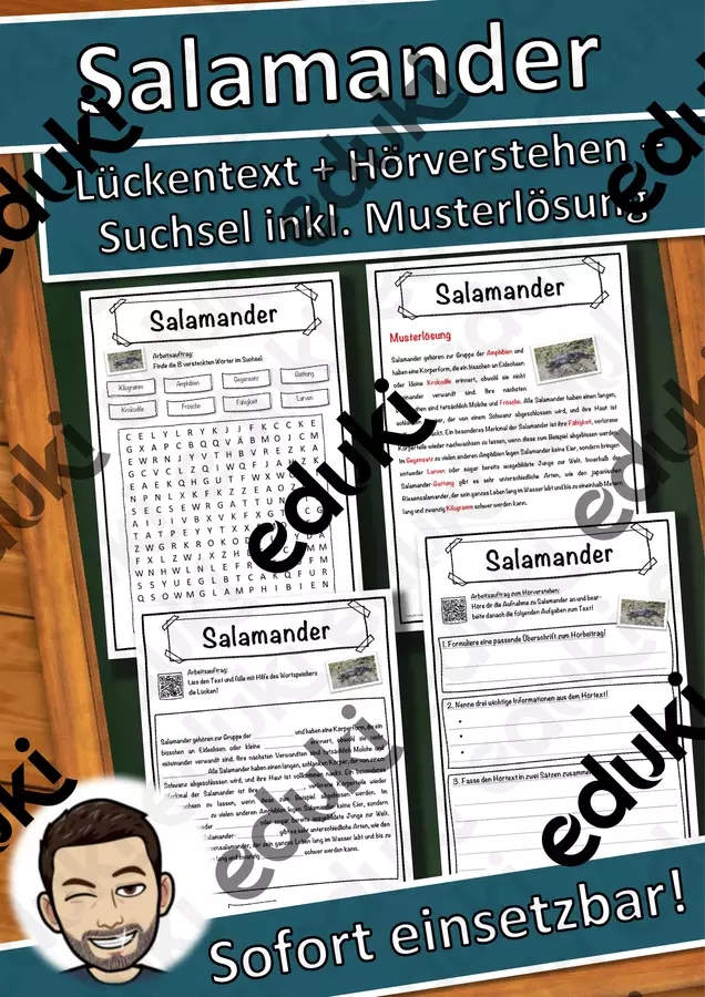 Salamander Lückentext mit Wortspeicher Hörverstehen und Suchsel Unterrichtsreihen - Salamander Lückentext mit Wortspeicher Hörverstehen und Suchsel - Snice - Deckblatt
