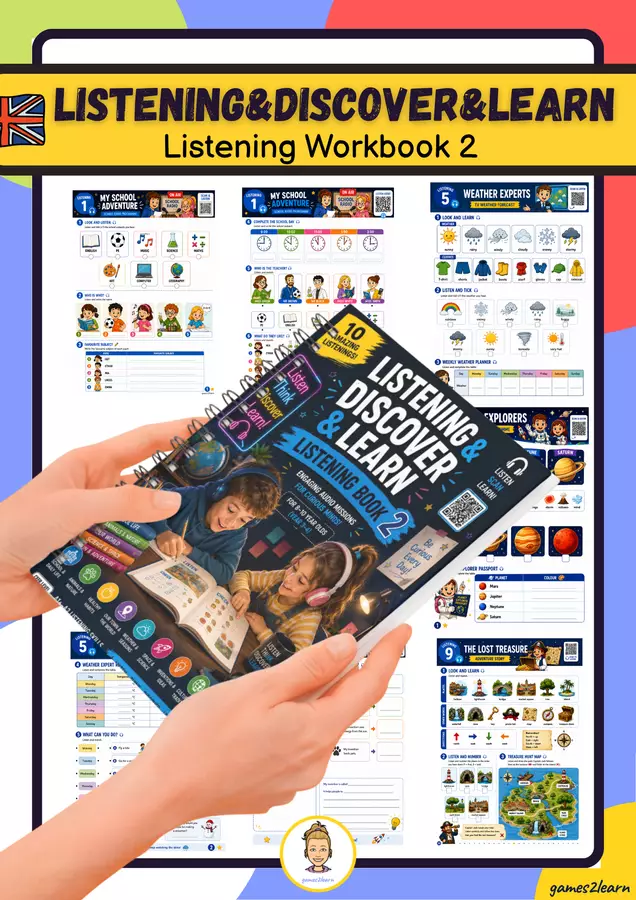 Listen & Discover & Learn – Listening Book 2 (CEFR A1+ A2- 3º y 4º) Esercizi - Listen & Discover & Learn – Listening Book 2 (CEFR A1+ A2- 3º y 4º) - games2learn - Pagina di copertina