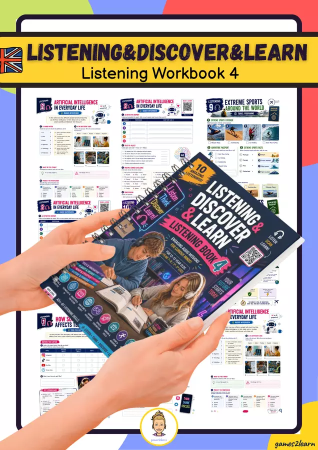 Listen & Discover & Learn – Listening Book 4 (CEFR A2+ B1: Scuola Media) Esercizi - Listen & Discover & Learn – Listening Book 4 (CEFR A2+ B1: Scuola Media) - games2learn - Pagina di copertina