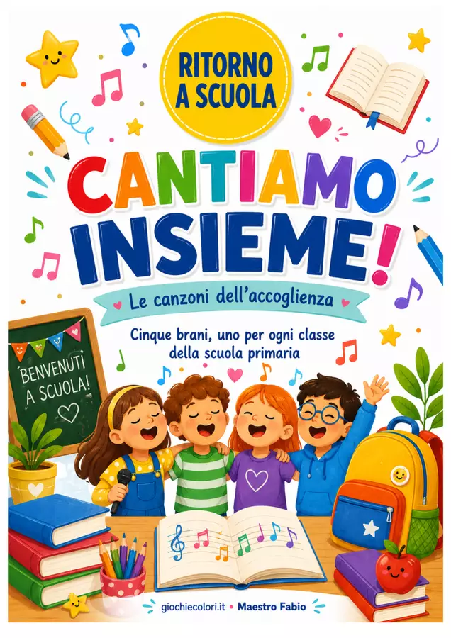 Cinque canzoni per l'accoglienza dalla prima alla quinta Audio - Cinque canzoni per l'accoglienza dalla prima alla quinta - Maestro Fabio Giochiecolori - Pagina di copertina