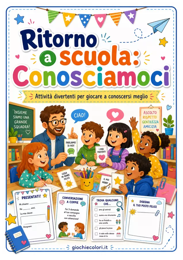 Ritorno a scuola: conosciamoci! Attività di accoglienza Materiale di supporto/inclusione - Ritorno a scuola: conosciamoci! Attività di accoglienza - Maestro Fabio Giochiecolori - Pagina di copertina