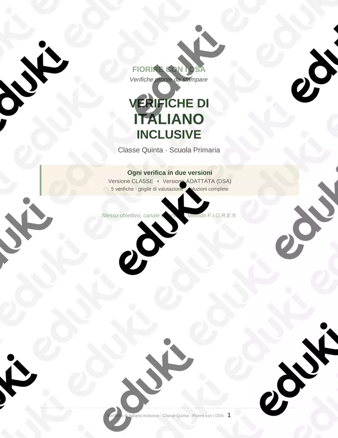 Verifiche di italiano inclusive – Classe Quinta (versione classe + adattata DSA, con soluzioni) Esercizi - Verifiche di italiano inclusive – Classe Quinta (versione classe + adattata DSA, con soluzioni) - Maestra Federica - Fiorire con i DSA - Pagina di copertina