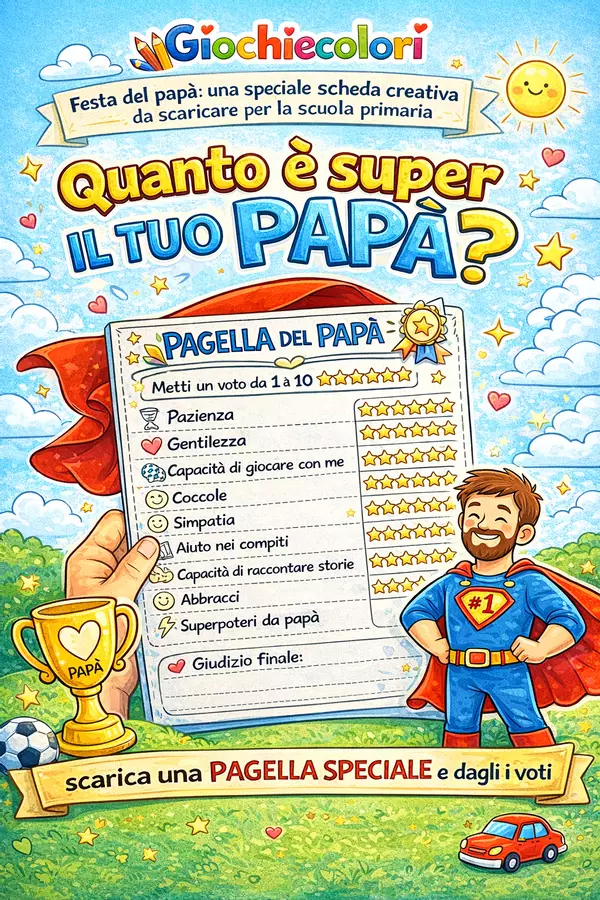 Pagella del papà da stampare - Festa del papà Altro tipo di materiale - Pagella del papà da stampare - Festa del papà - Maestro Fabio Giochiecolori - Pagina di copertina