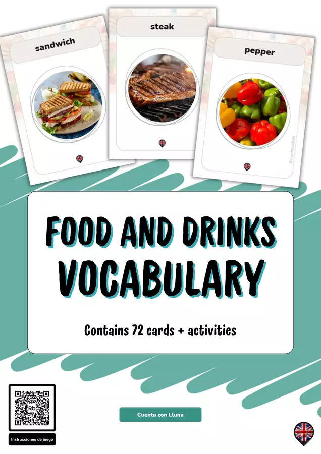 English Food and drinks (vocabulary cards) – Cibo, bevande e attività in inglese Esercizi - English Food and drinks (vocabulary cards) – Cibo, bevande e attività in inglese - Cuenta con Lluna - Pagina di copertina