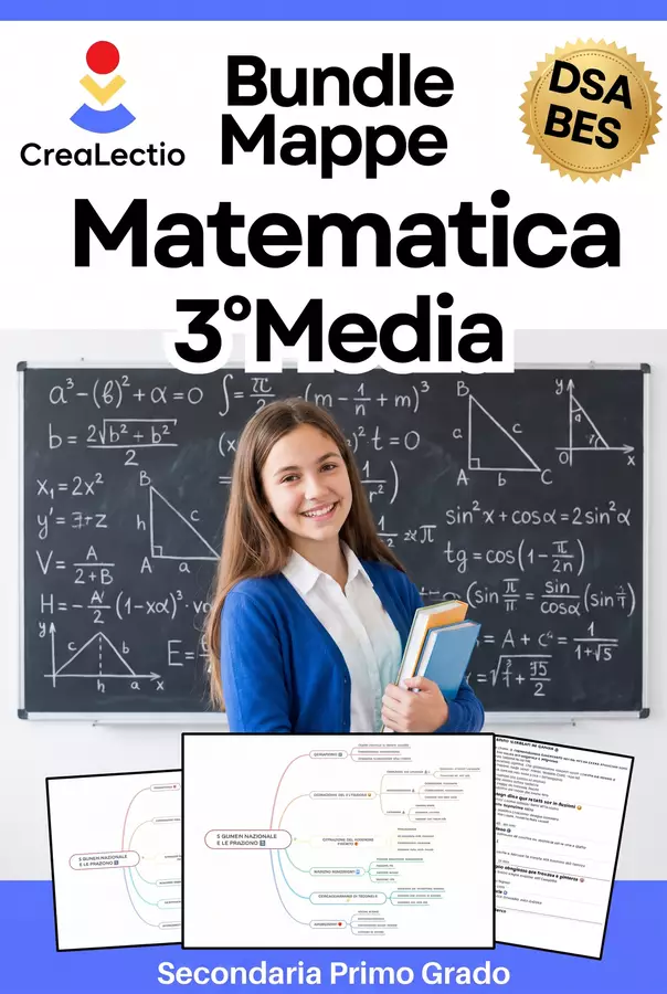 Mappe Matematica Terza Media | Algebra Geometria Solida Equazioni | BES DSA | 93 Schemi Pronti 2026/27 Programmi scolastici / Materiali per docenti - Mappe Matematica Terza Media | Algebra Geometria Solida Equazioni | BES DSA | 93 Schemi Pronti 2026/27 - CreaLectio 🔴🟡🔵 - Pagina di copertina