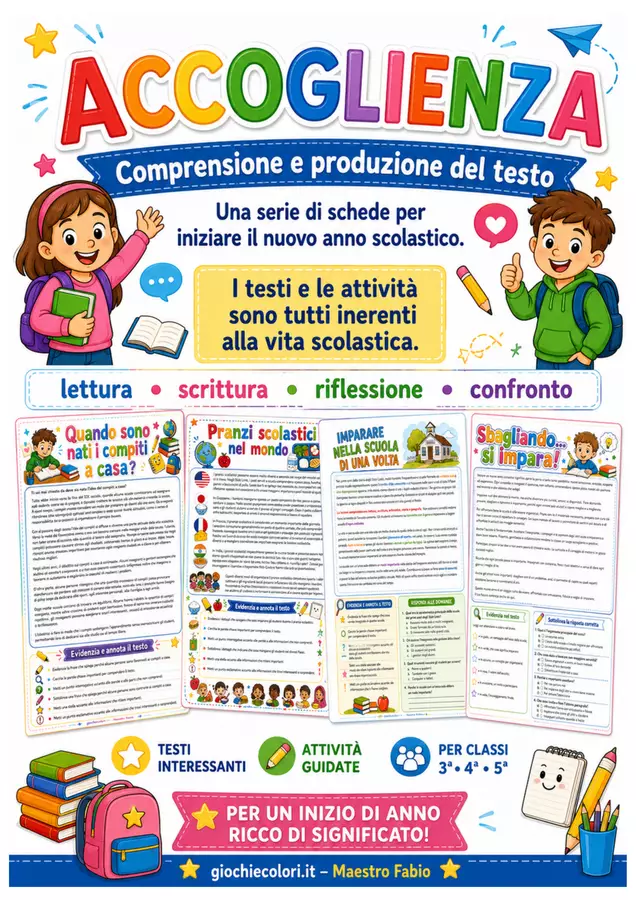 Accoglienza: comprensione, produzione del testo, confronto Testo - Accoglienza: comprensione, produzione del testo, confronto - Maestro Fabio Giochiecolori - Pagina di copertina