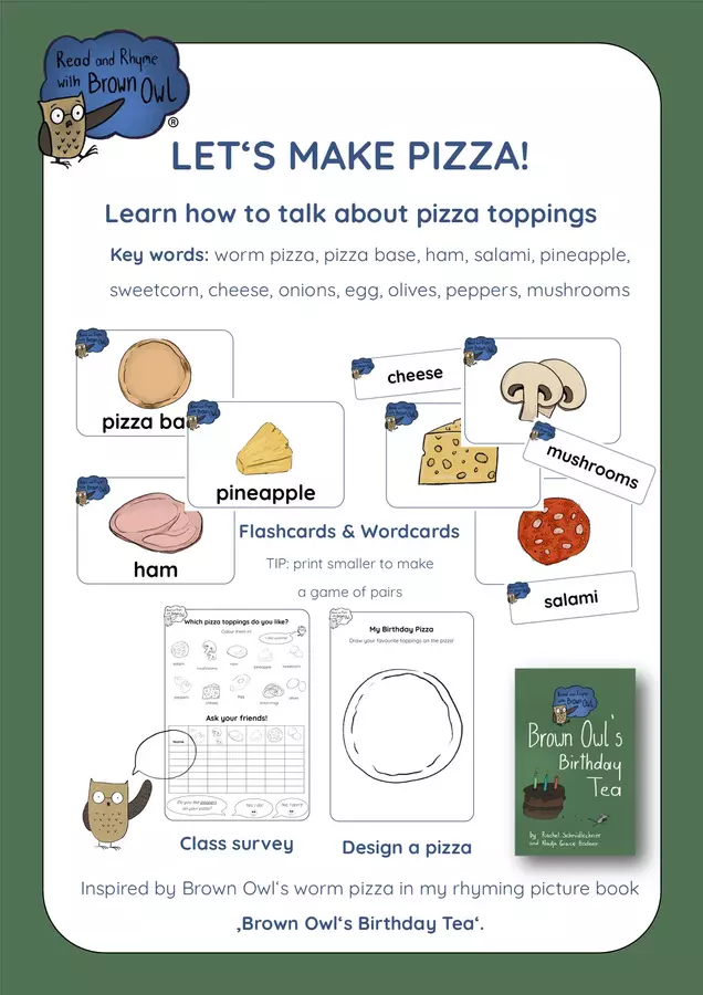 Brown Owl's Birthday Tea - Pizza Flashcards & Survey Esercizi - Brown Owl's Birthday Tea - Pizza Flashcards & Survey - Read and Rhyme with Brown Owl - Pagina di copertina