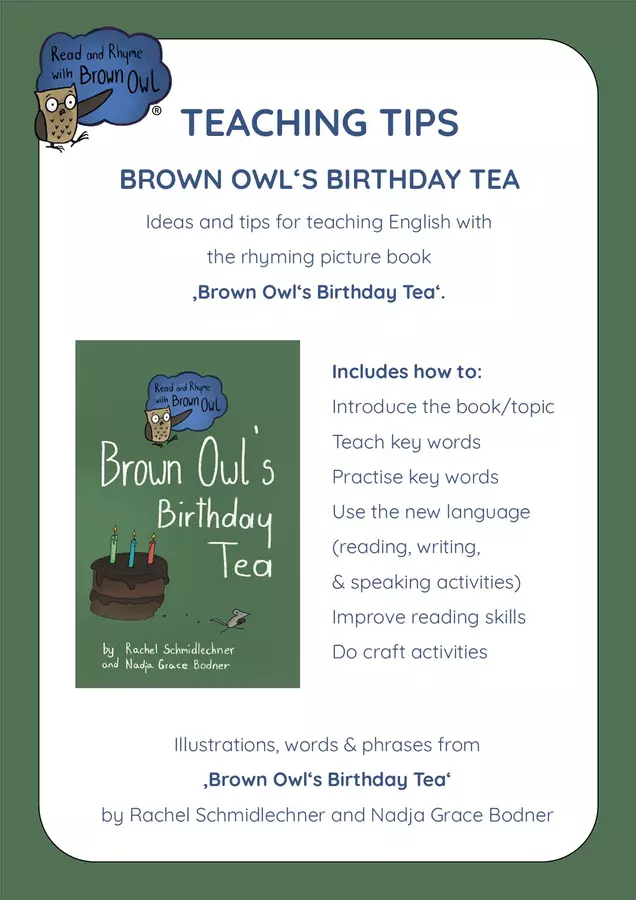 Brown Owl's Birthday Tea - TEACHING TIPS Programmi scolastici / Materiali per docenti - Brown Owl's Birthday Tea - TEACHING TIPS - Read and Rhyme with Brown Owl - Pagina di copertina