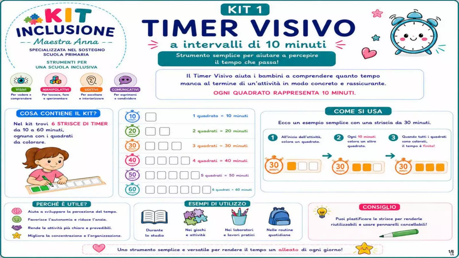 Timer visivo per rendere il tempo concreto Materiale di supporto/inclusione - Timer visivo per rendere il tempo concreto - Kit Inclusione - Maestra Anna - Pagina di copertina