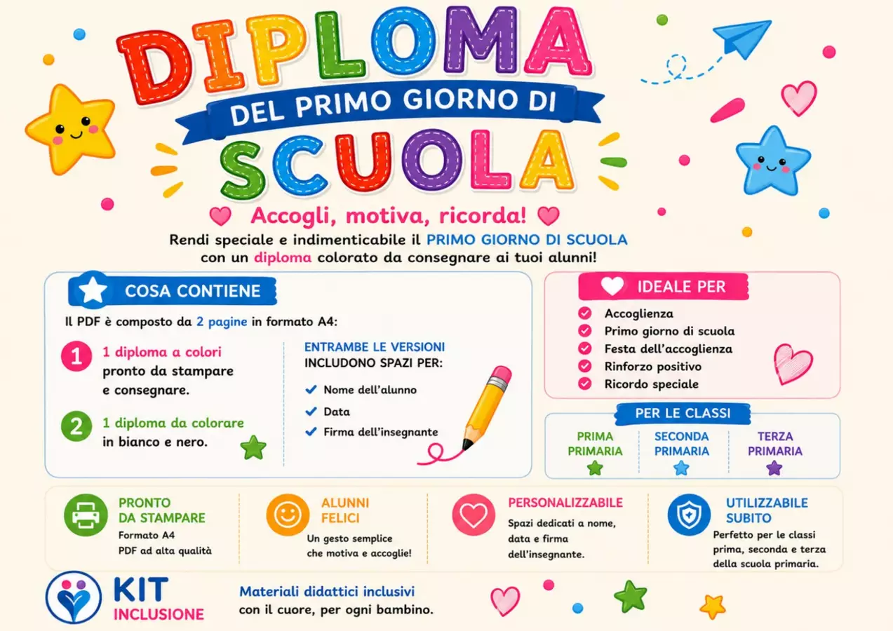 Diploma accoglienza in pdf e ppt, colorato e da colorare Materiale di supporto/inclusione - Diploma accoglienza in pdf e ppt, colorato e da colorare - Kit Inclusione - Maestra Anna - Pagina di copertina