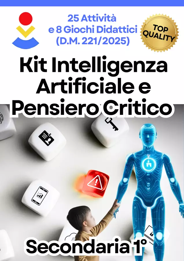 Kit Intelligenza Artificiale e Pensiero Critico Scuola Media: 25 Attività e 8 Giochi Didattici (D.M. 221/2025) Programmi scolastici / Materiali per docenti - Kit Intelligenza Artificiale e Pensiero Critico Scuola Media: 25 Attività e 8 Giochi Didattici (D.M. 221/2025) - CreaLectio 🔴🟡🔵 - Pagina di copertina