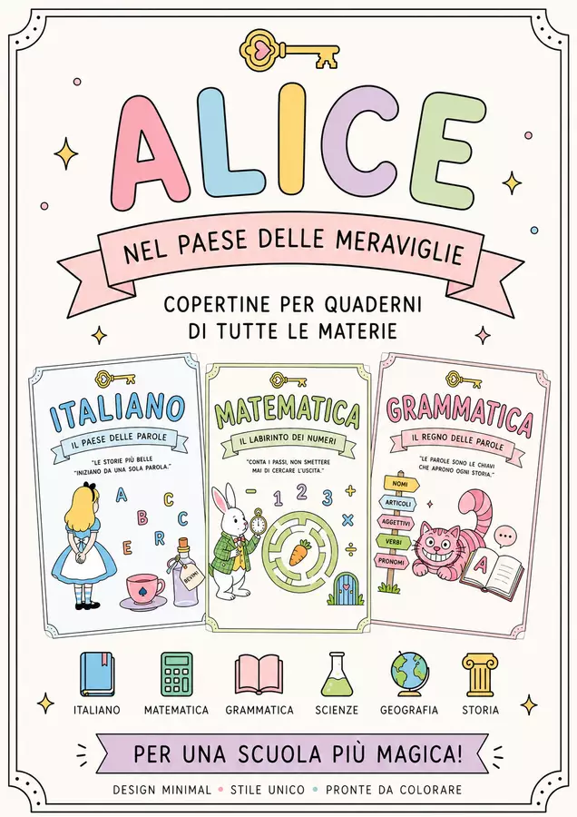 ALICE NEL PAESE DELLE MERAVIGLIE – COPERTINE PER QUADERNI PER OGNI MATERIA Materiale di supporto/inclusione - ALICE NEL PAESE DELLE MERAVIGLIE – COPERTINE PER QUADERNI PER OGNI MATERIA - La Maestra Digitale - Pagina di copertina