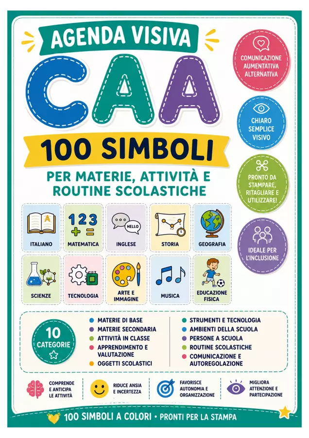CAA – 100 simboli per materie, ambienti attività e routine Materiale di supporto/inclusione - CAA – 100 simboli per materie, ambienti attività e routine - Kit Inclusione - Maestra Anna - Pagina di copertina