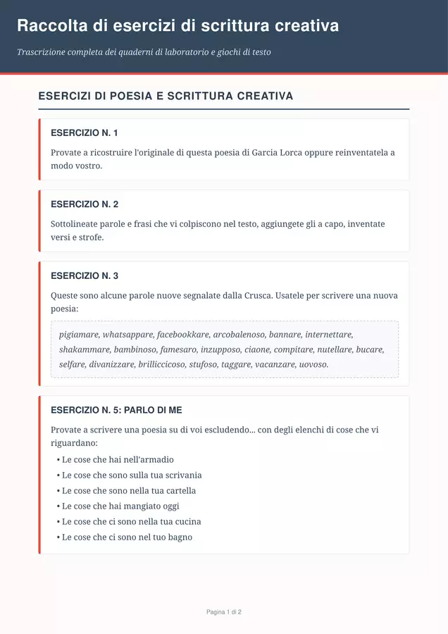 Raccolta di esercizi di scrittura creativa Esercizi - Raccolta di esercizi di scrittura creativa - Prof. Fanu - NicolettaFanuele - Pagina di copertina